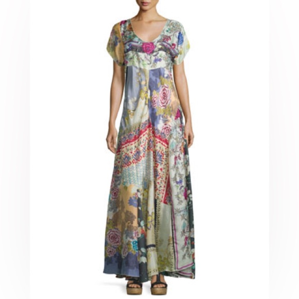 JOHNNY WAS Dolce Vivo Collection Pure Silk Patchwork Floral Maxi Dress Sz S